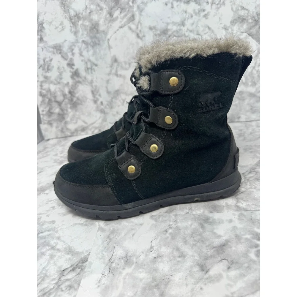 Sorel Whitney 🖤Short Lace Black Suede Faux Fur Waterproof Winter‎ Boots